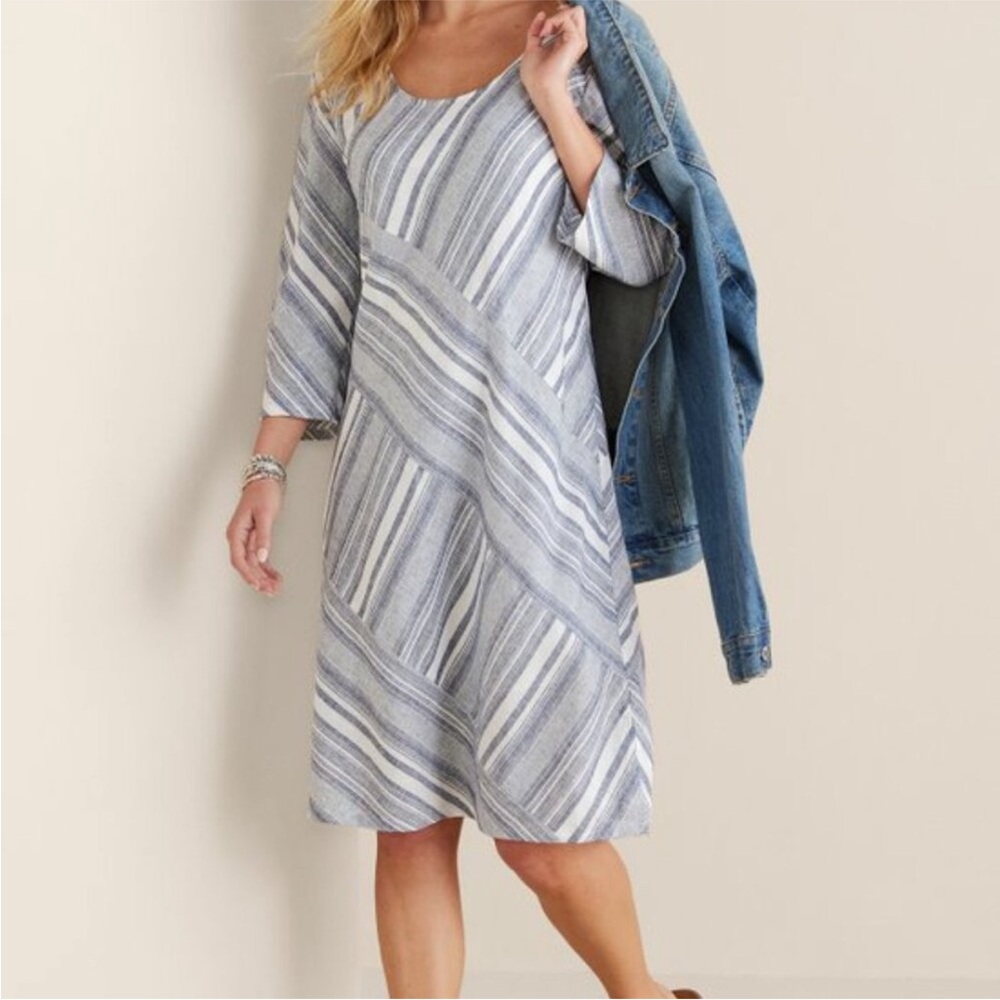 Soft Surroundings Sonya Linen Blue White Striped Long Sleeve Dress L Petite NWT